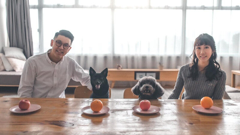 A couple with their dogs.